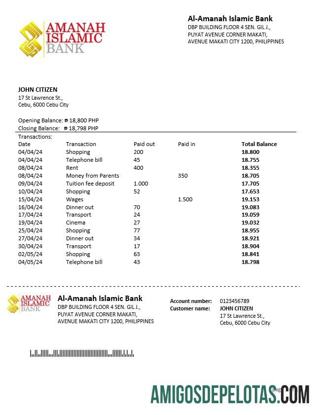 Exemplo de extrato do Banco Islâmico de Investimento Al Amanah das Filipinas